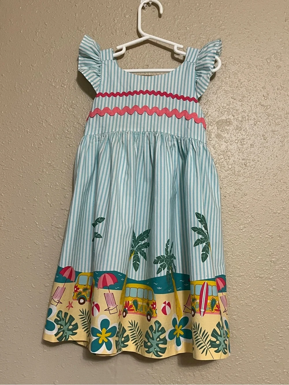BONNIE JEAN Girls Blue Striped Flutter Beach Border Sundress with Pink Trim Sz 5
